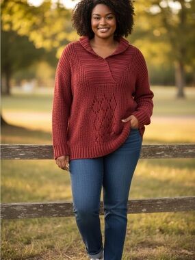 Vintage Confess Chunky Knit Shawl Collar Sweater - Red - Size Large